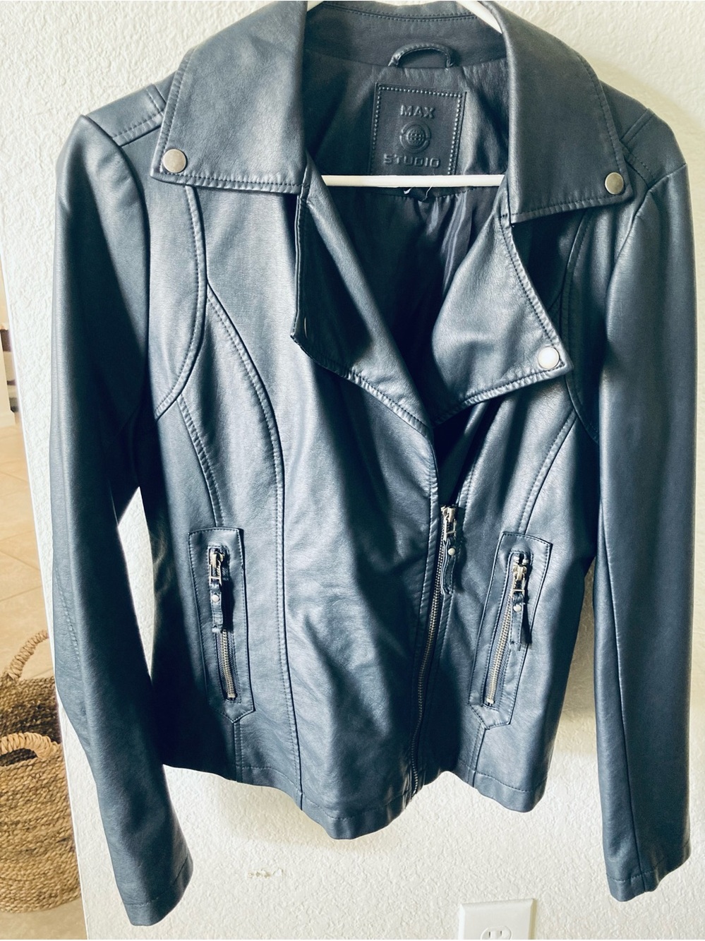 MAX Studio Blue Faux Leather Moto Jacket